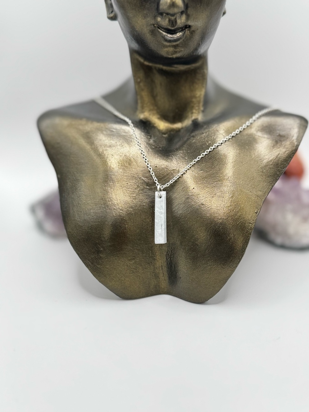 Minimal Iridescent White  Bar Pendant Necklace - Silver